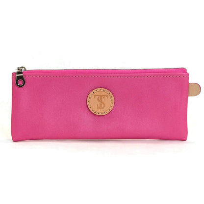 Front view of T5 Handcrafted Leather Brush Pencil Toiletry Bag in light frosted pink.