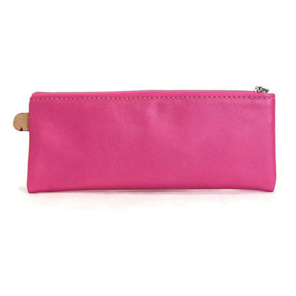 Back view of T5 Handcrafted Leather Brush Pencil Toiletry Bag in light frosted pink.