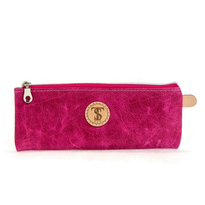 Front view of T5 Handcrafted Leather Brush Pencil Toiletry Bag in hot Barbie pink.