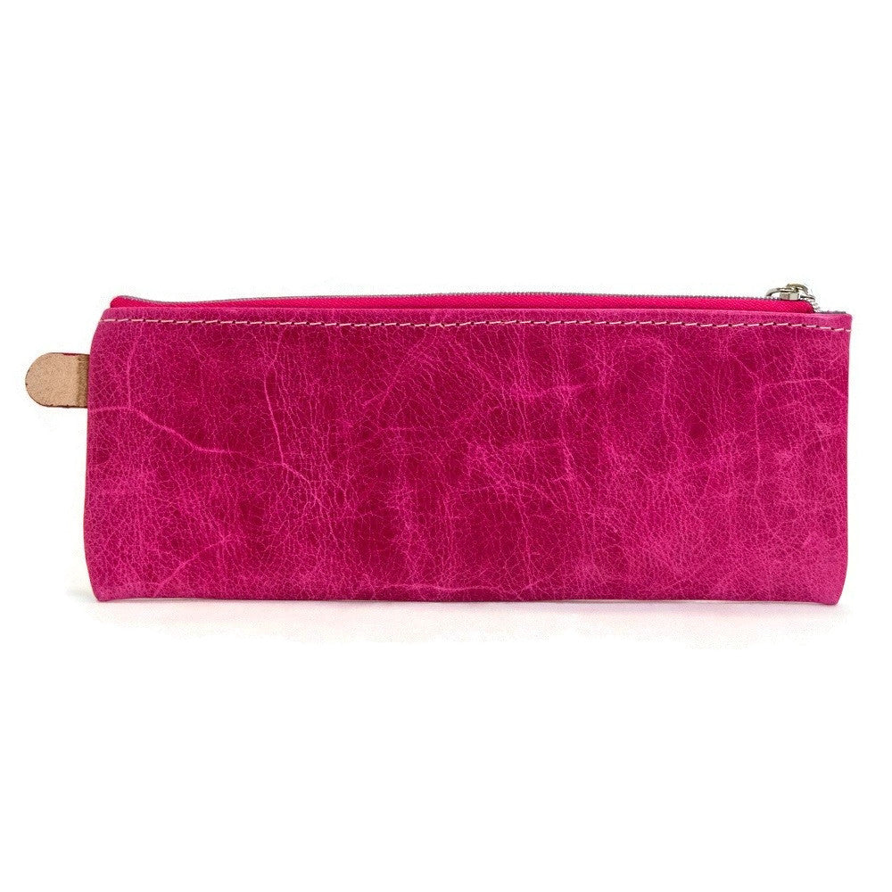 Front view of T5 Handcrafted Leather Brush Pencil Toiletry Bag in hot Barbie pink.