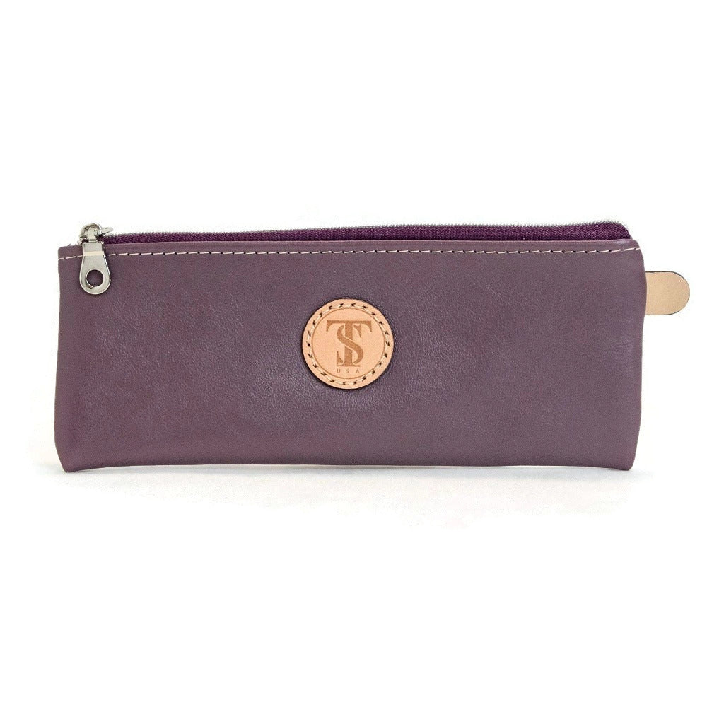 Front view of T5 Handcrafted Leather Brush Pencil Toiletry Bag in lavender purple.