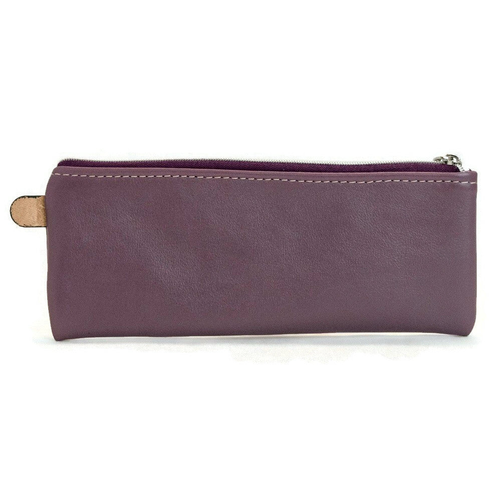 Back view of T5 Handcrafted Leather Brush Pencil Toiletry Bag in lavender purple.