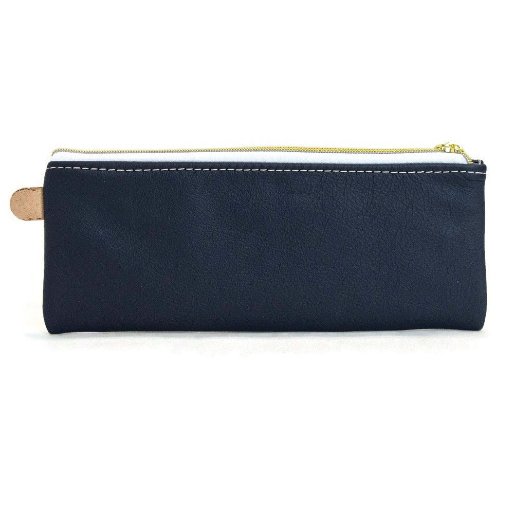 Front view of T5 Handcrafted Leather Brush Pencil Toiletry Bag in nautical navy.
