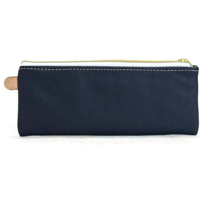 Front view of T5 Handcrafted Leather Brush Pencil Toiletry Bag in nautical navy.