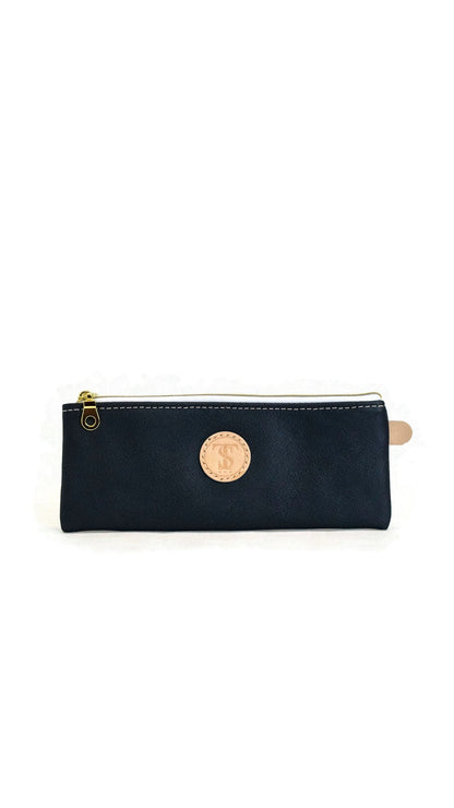 Front view of T5 Handcrafted Leather Brush Pencil Toiletry Bag in nautical navy.