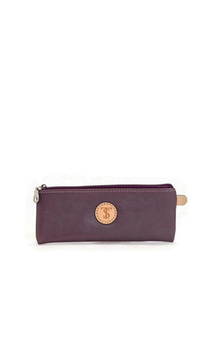 Front view of T5 Handcrafted Leather Brush Pencil Toiletry Bag in lavender purple.