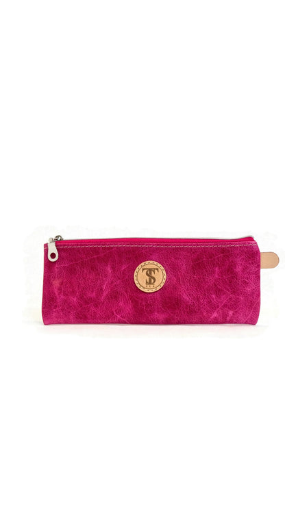 Front view of T5 Handcrafted Leather Brush Pencil Toiletry Bag in hot Barbie pink.