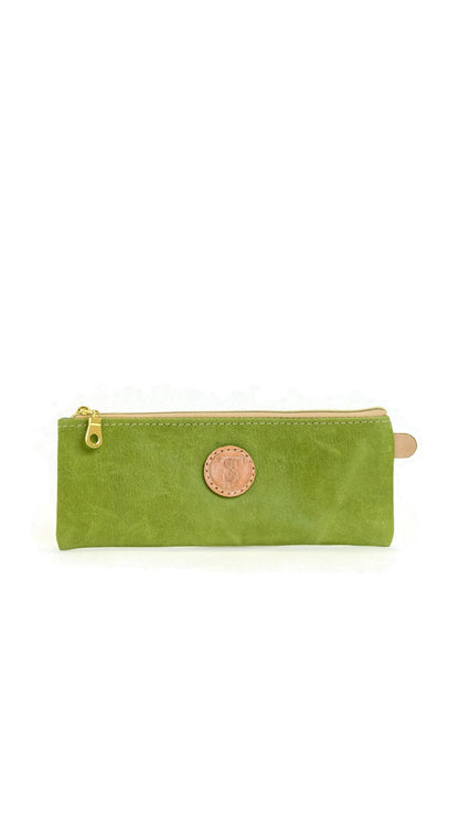 Front of T5 Handcrafted Leather Brush Pencil Toiletry Bag in vintage aloe green.