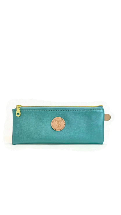 Front of T5 Handcrafted Leather Brush Pencil Toiletry Bag in turquoise.
