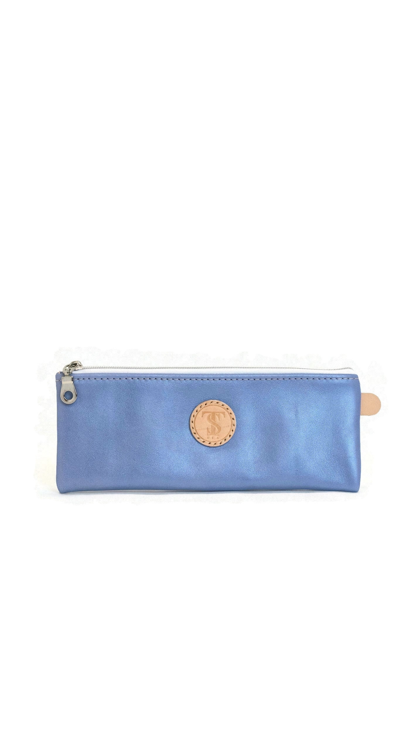 Front of T5 Handcrafted Leather Brush Pencil Toiletry Bag in light Periwinkle blue.