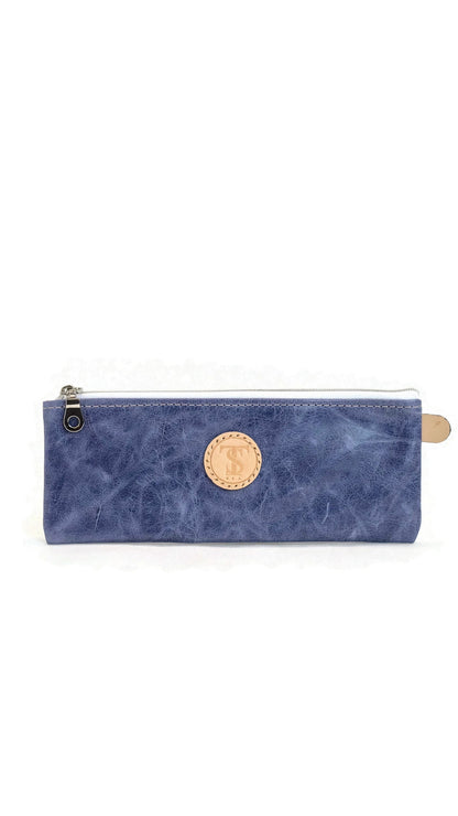 Front view T5 Handcrafted Leather Brush Pencil Toiletry Bag in Atlantic Denim Blue 