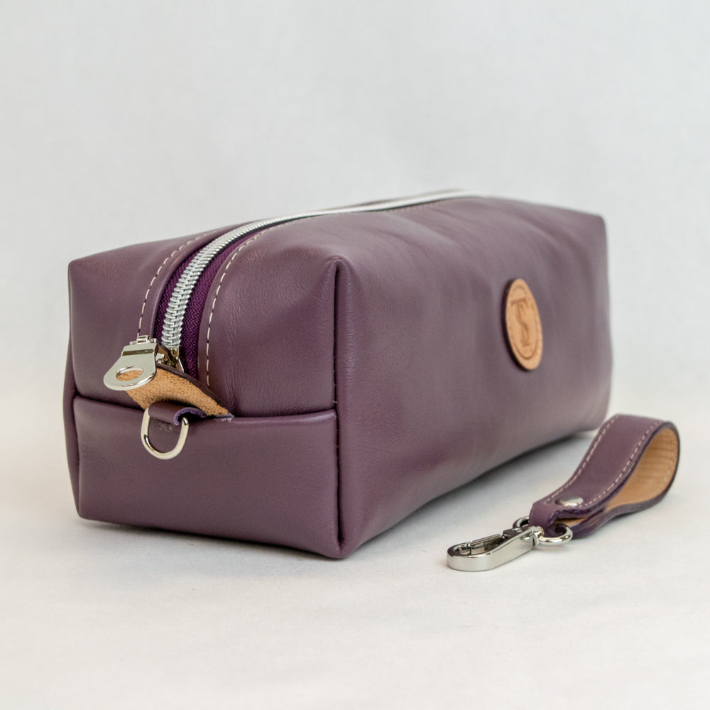 Side view of T5 bath dopp kit toiletry wash bag designer handcrafted of smooth calf leather in Lavender purple.