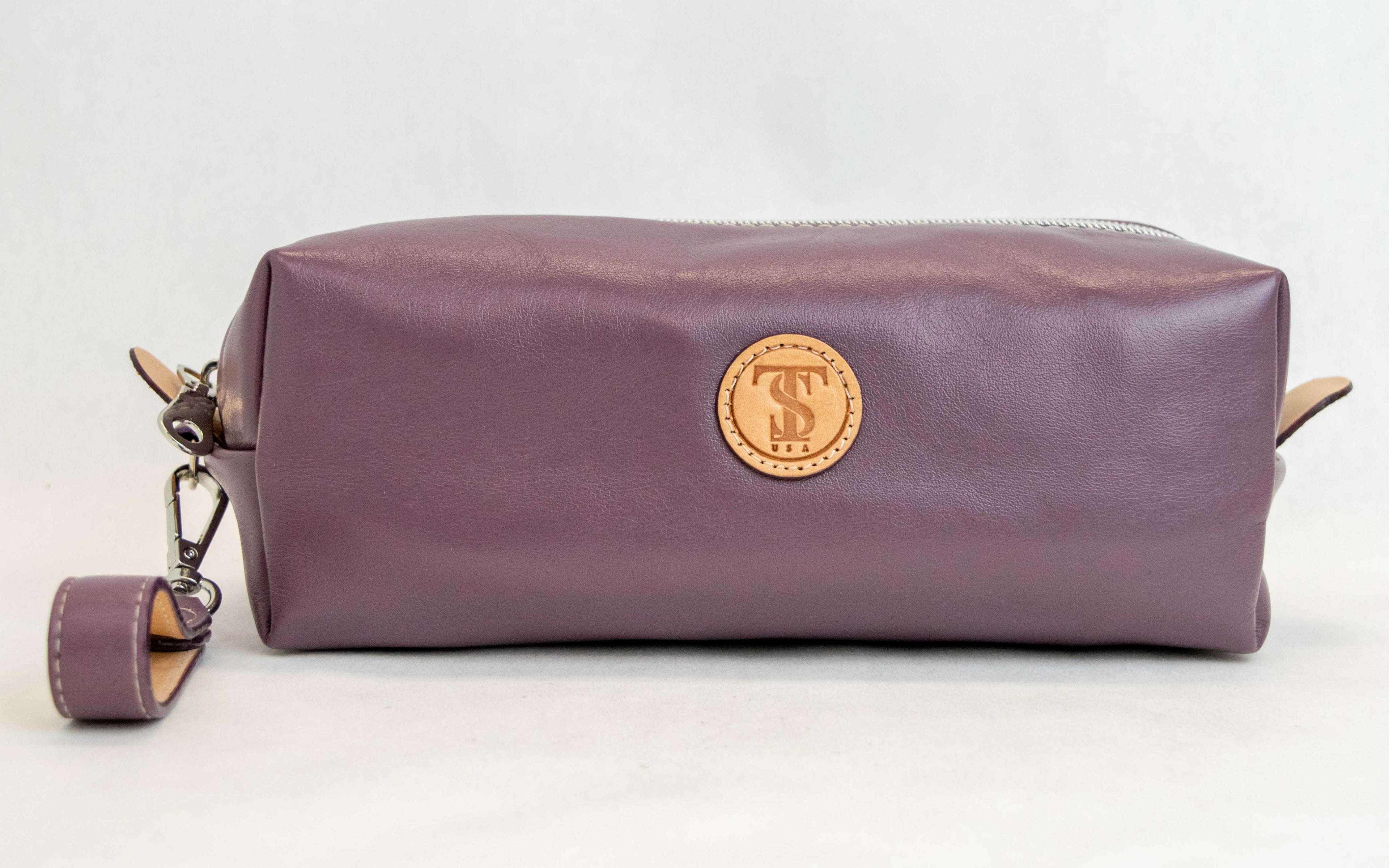 Front view of T5 bath dopp kit toiletry wash bag designer handcrafted of smooth calf leather in Lavender purple.