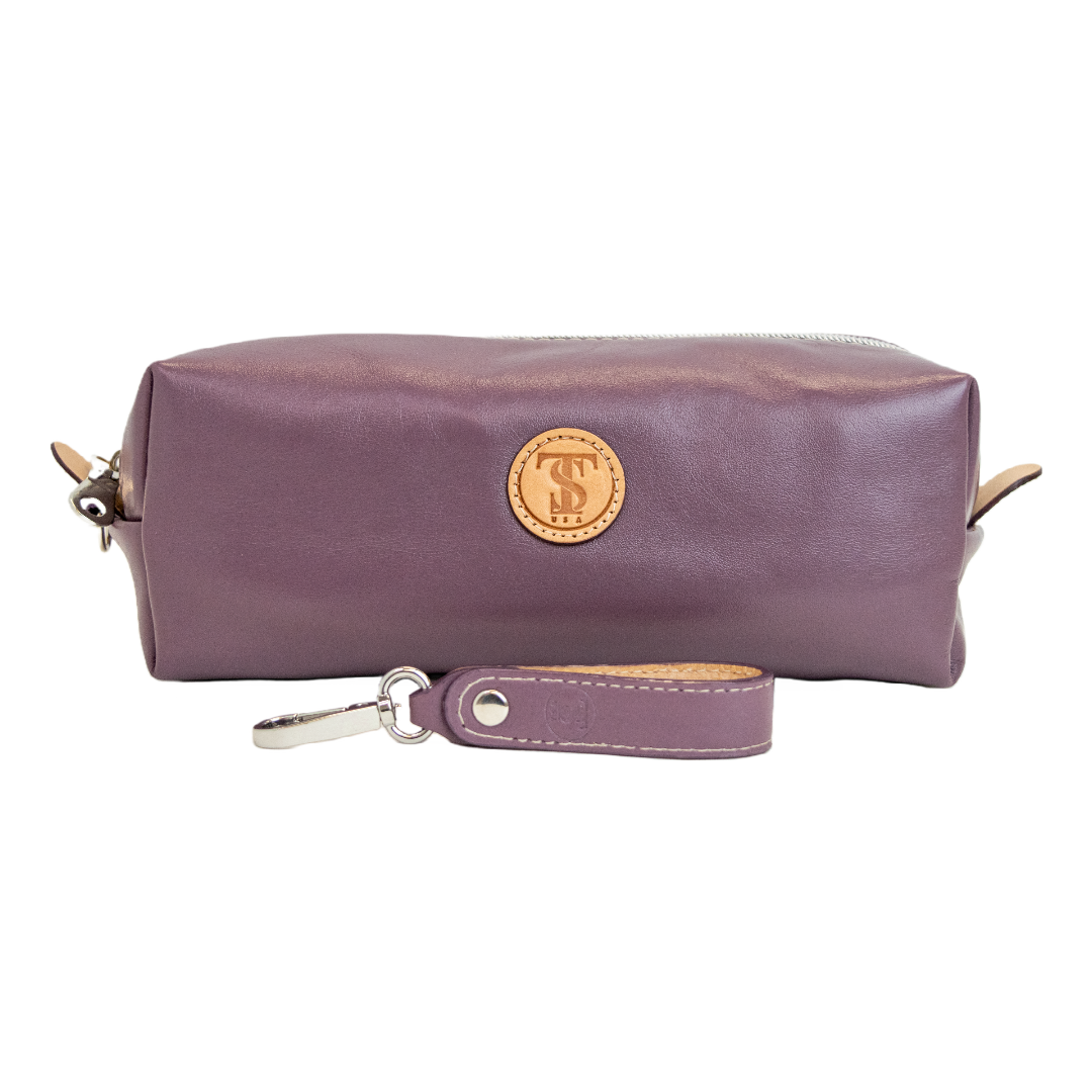 Front view of T5 bath dopp kit toiletry wash bag designer handcrafted of smooth calf leather in Lavender purple.