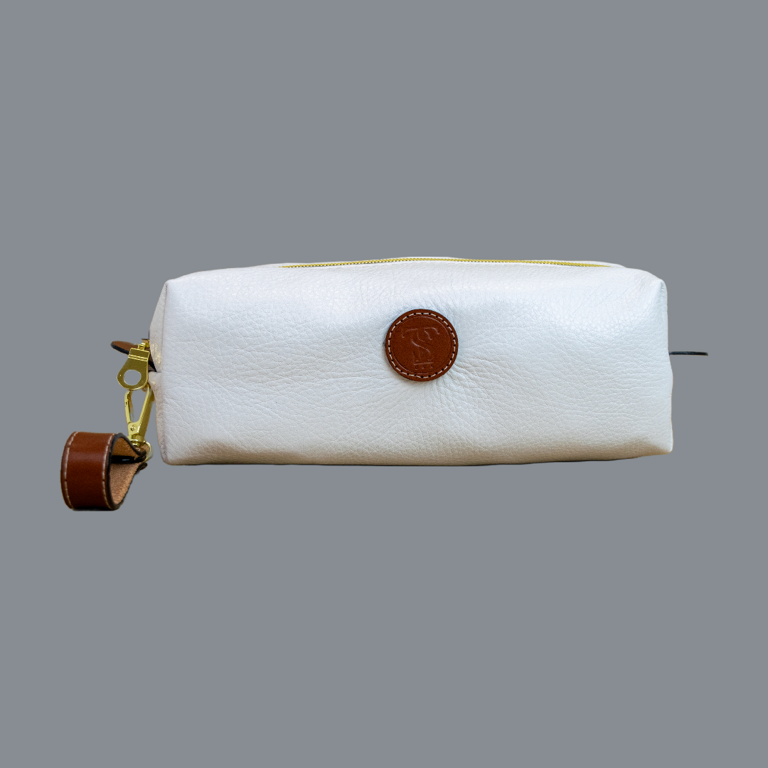 Front view of T5 bath dopp kit toiletry wash bag designer handcrafted of smooth calf leather in yacht white.