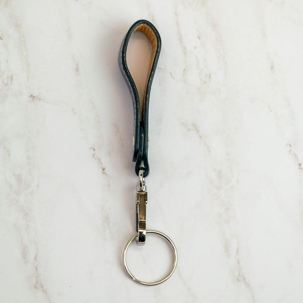 Side view T5 Key chain strap handcrafted by designer Liv McClintock in smooth calf leather in saffron yellow.