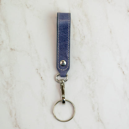 T5 Key chain strap handcrafted by designer Liv McClintock in smooth calf leather in atlantic denim blue.