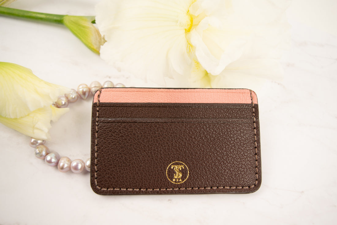 French Chèvre Leather Card Case - Limited Edition in Coral and Brown