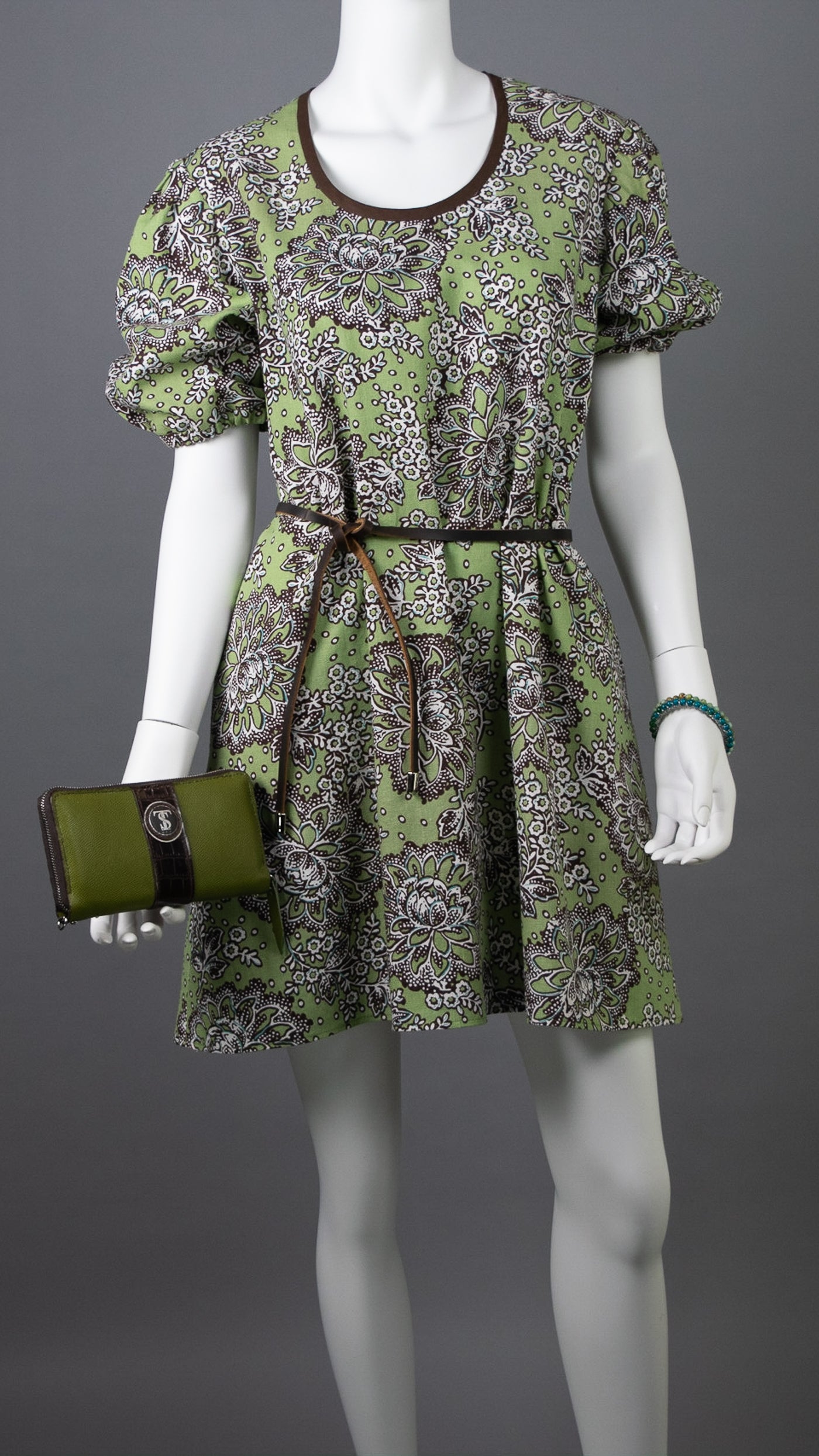 Linen Mini A-line Dress : Spring Peoney Green/Brown