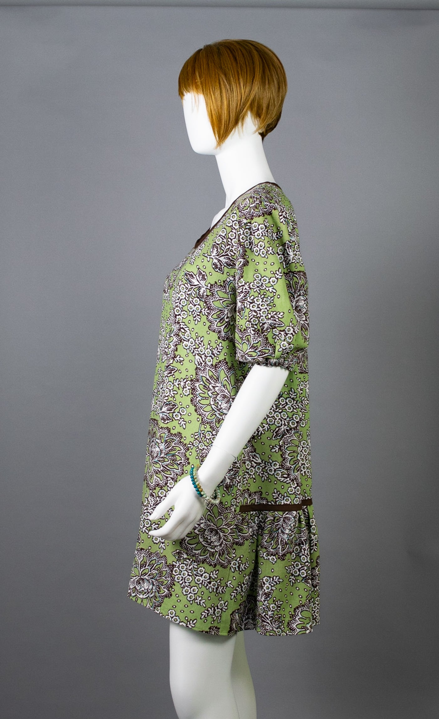 Linen Mini A-line Dress : Spring Peoney Green/Brown