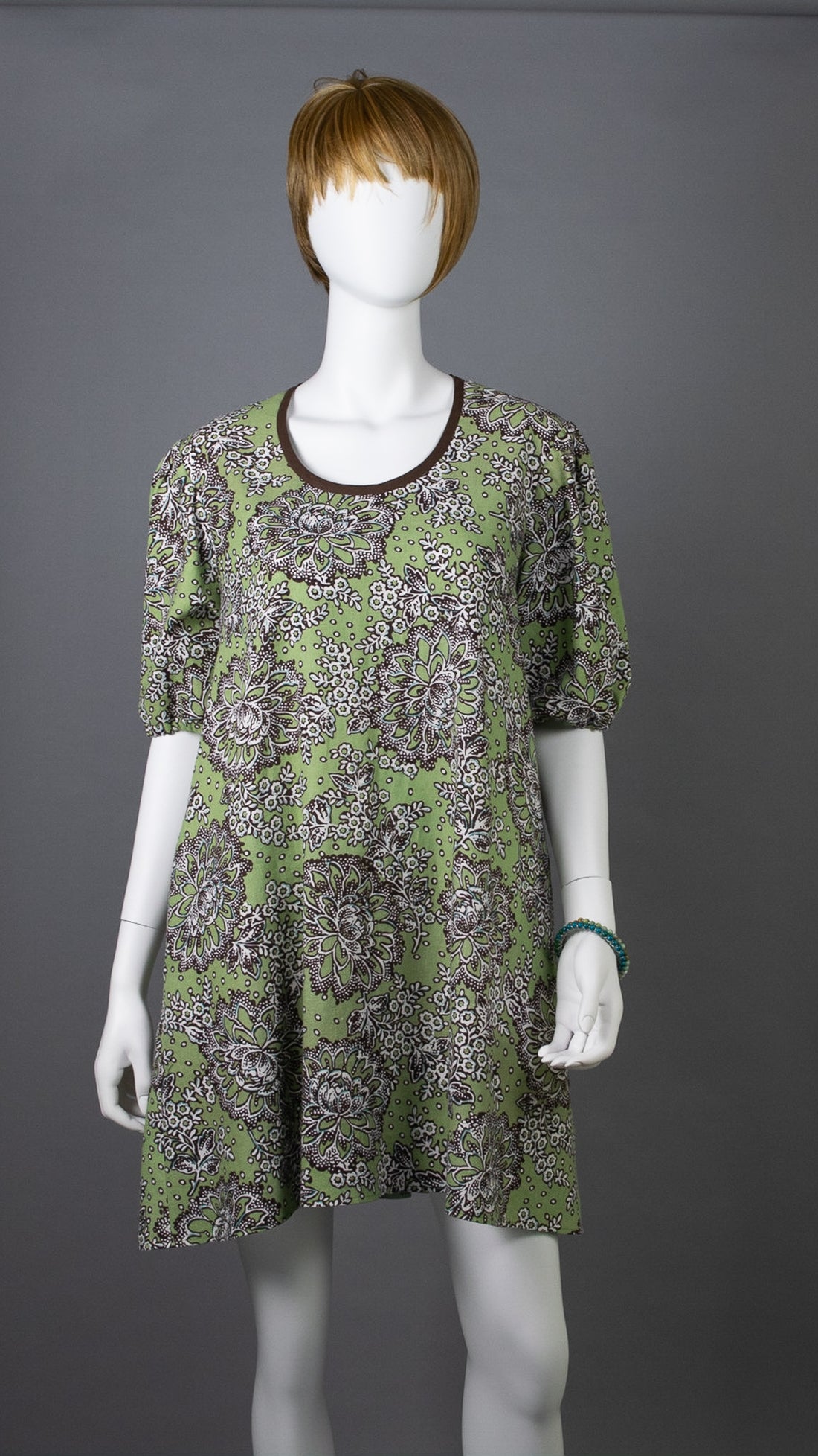 Linen Mini A-line Dress : Spring Peoney Green/Brown
