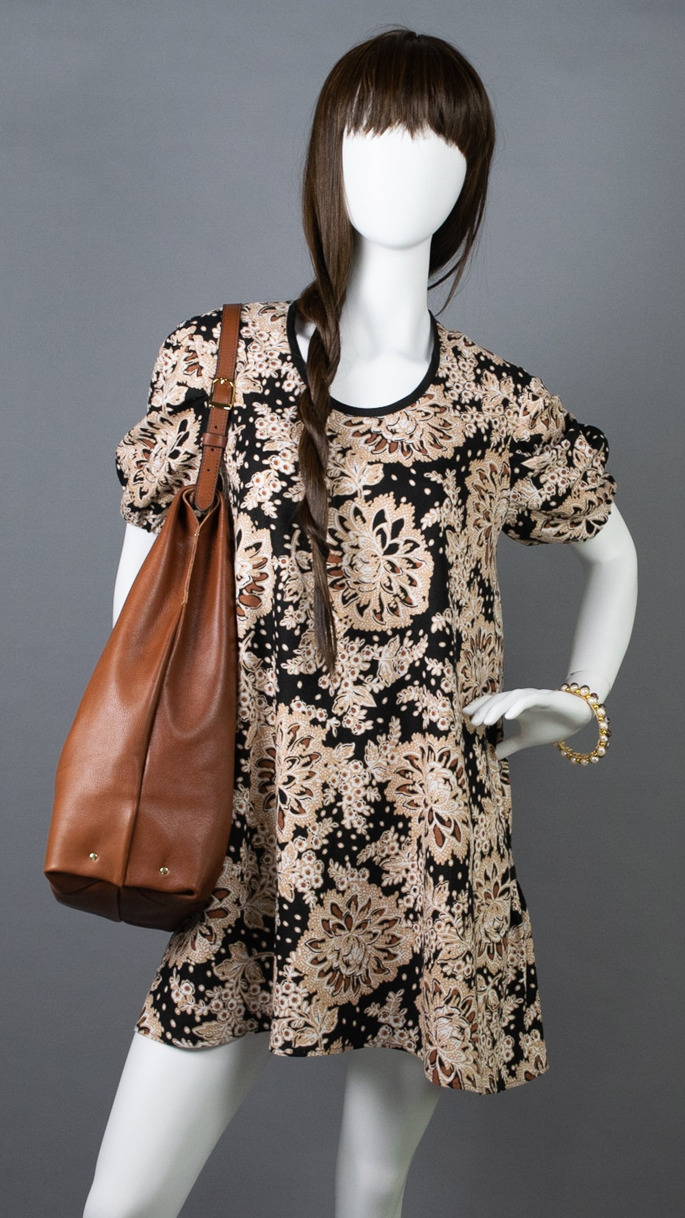 Linen Mini A-line Dress : Black/Copper Peony