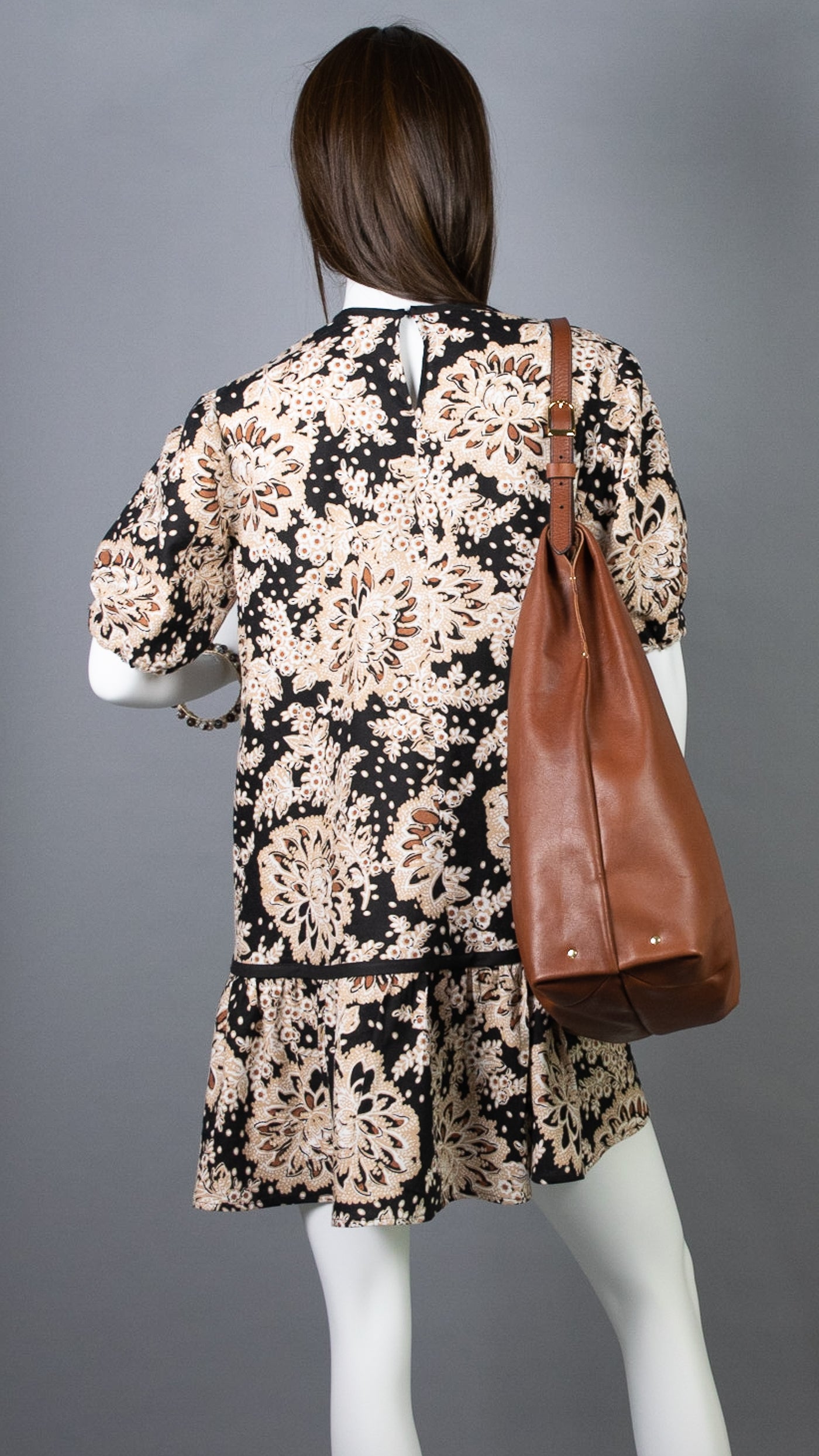 Linen Mini A-line Dress : Black/Copper Peony