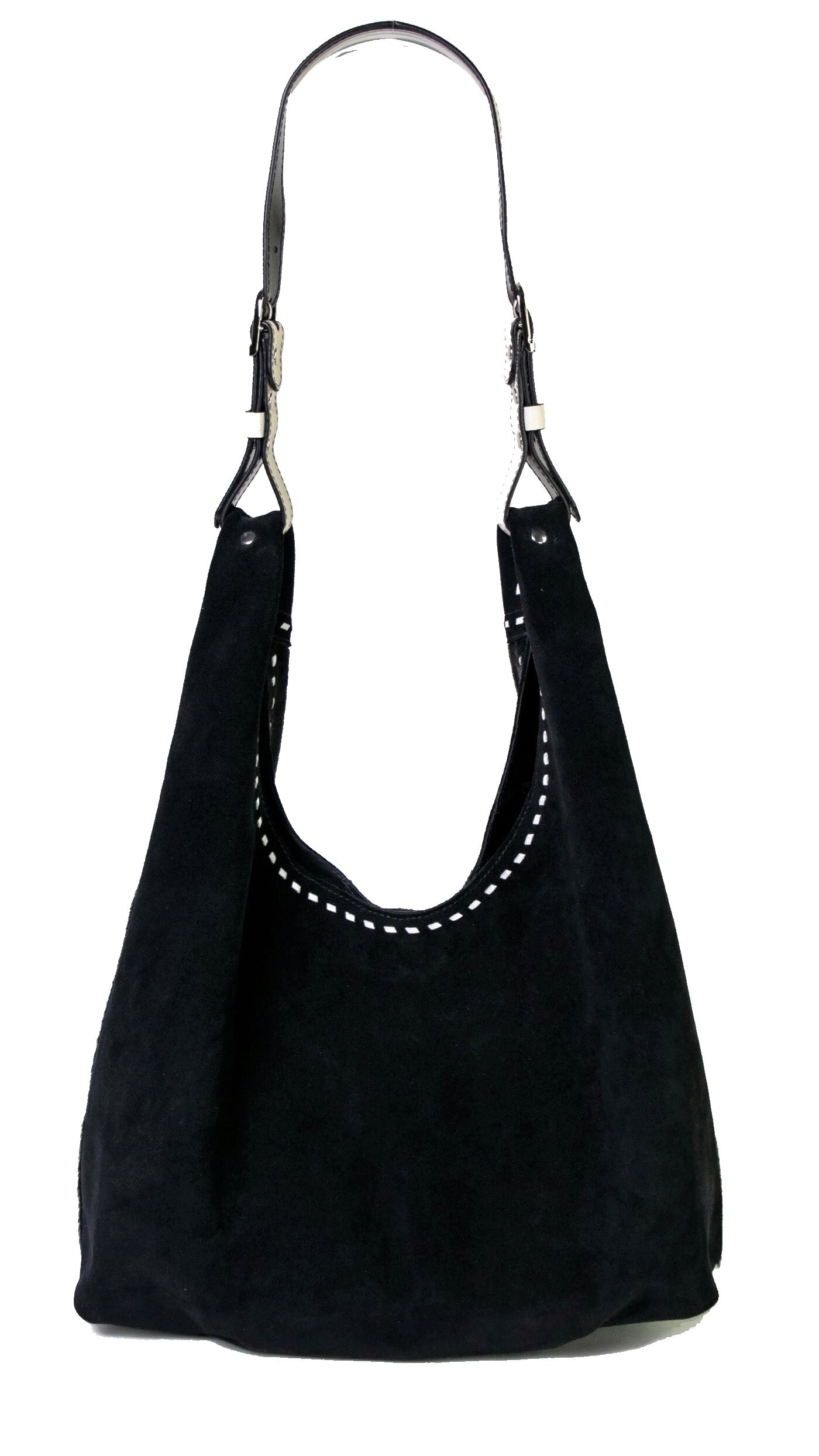 Back of Leather hobo shoulder bag in jet black hair calf &amp; suede. Handcrafted by slow fashion indie designer Liv McClintock. Features hand laced white leather trim. Made in Wilmington Delaware USA.