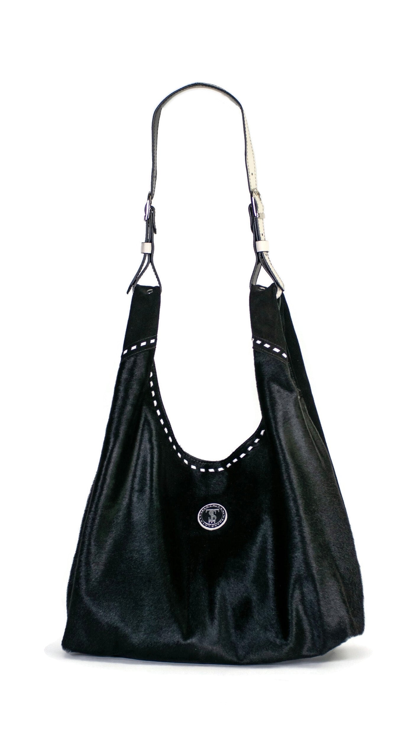 Front of Leather hobo shoulder bag in jet black hair calf &amp; suede. Handcrafted by slow fashion indie designer Liv McClintock. Features hand laced white leather trim. Made in Wilmington Delaware USA.