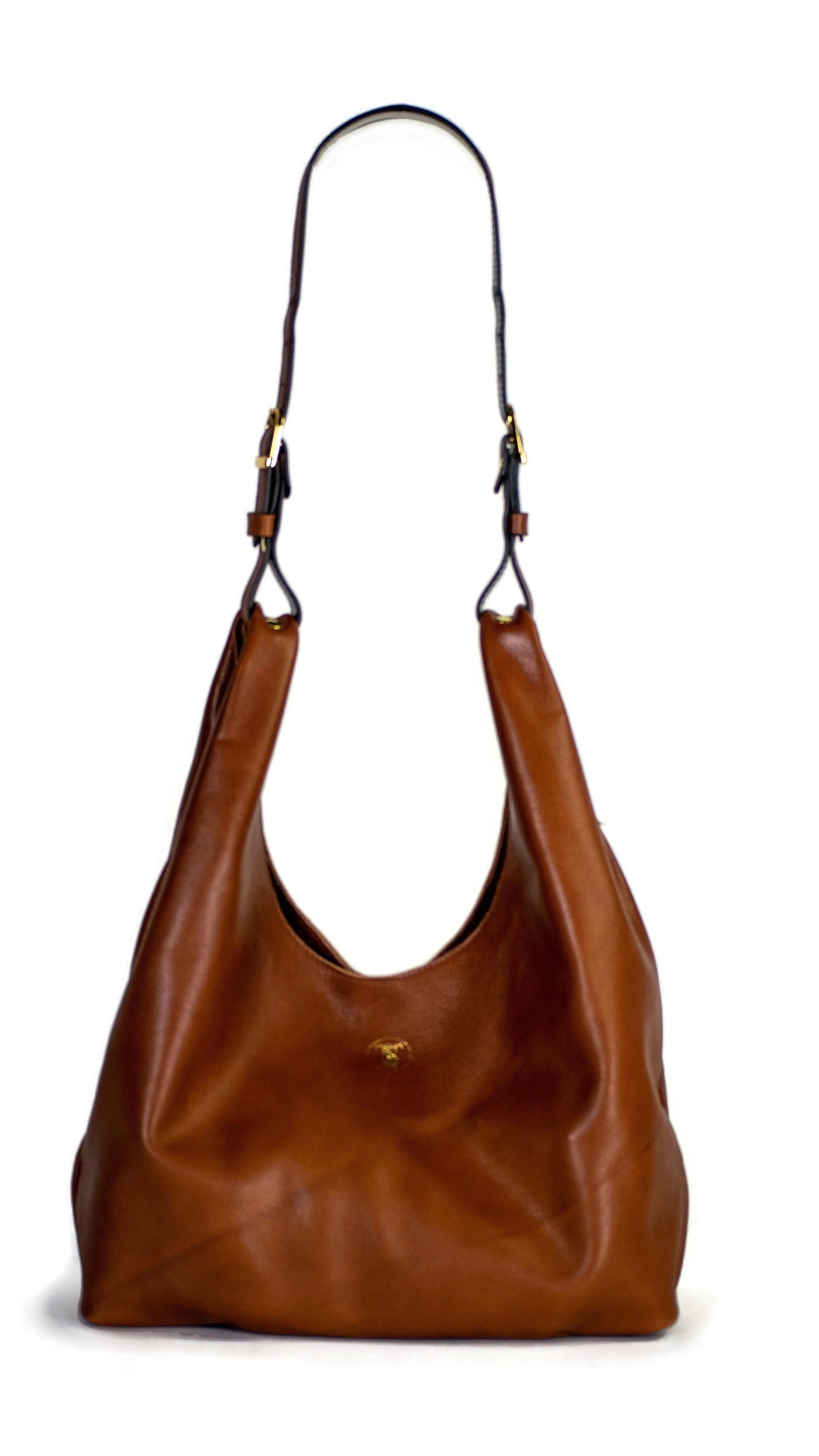 Front of Cognac brown leather hobo shoulder bag handcrafted in Italian calfskin by slow fashion indie designer Liv McClintock. Made in Wilmington Delaware USA.