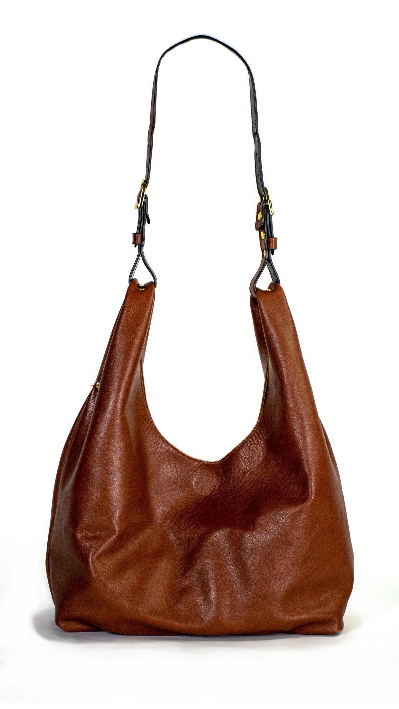 Back of Cognac brown leather hobo shoulder bag handcrafted in Italian calfskin by slow fashion indie designer Liv McClintock. Feature croc-embossed leather inlay. Made in Wilmington Delaware USA.