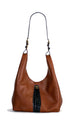 Front of Cognac brown leather hobo shoulder bag handcrafted in Italian calfskin by slow fashion indie designer Liv McClintock. Feature croc-embossed leather inlay. Made in Wilmington Delaware USA.