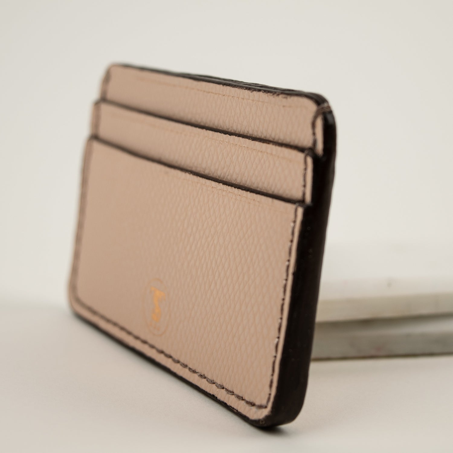 Pebbled Grain Leather Card Case in Frosted Coral