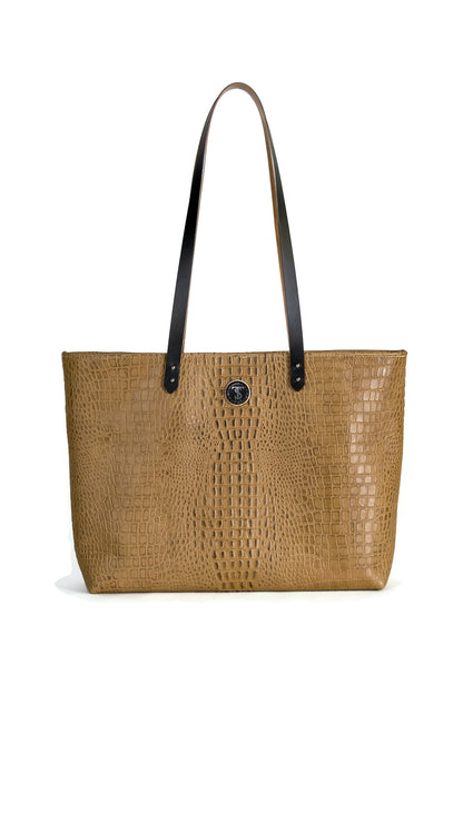 Front view of Long handled M St. Tote in Croc-embossed leather. Light brown color with a matte finish and mocha brown handles and accents.