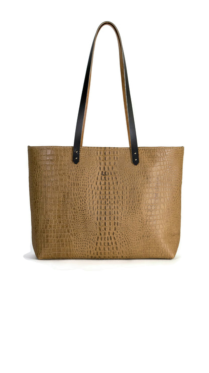 Back view of Long handled M St. Tote in Croc-embossed leather. Light brown color with a matte finish and mocha brown handles and accents.
